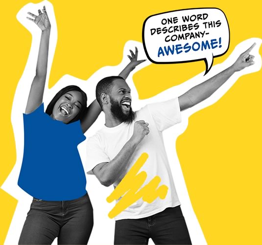 Two people saying "one word describes this company-awesome!"